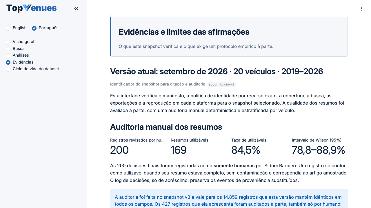 Página de evidências com a identidade do snapshot e a auditoria manual dos resumos