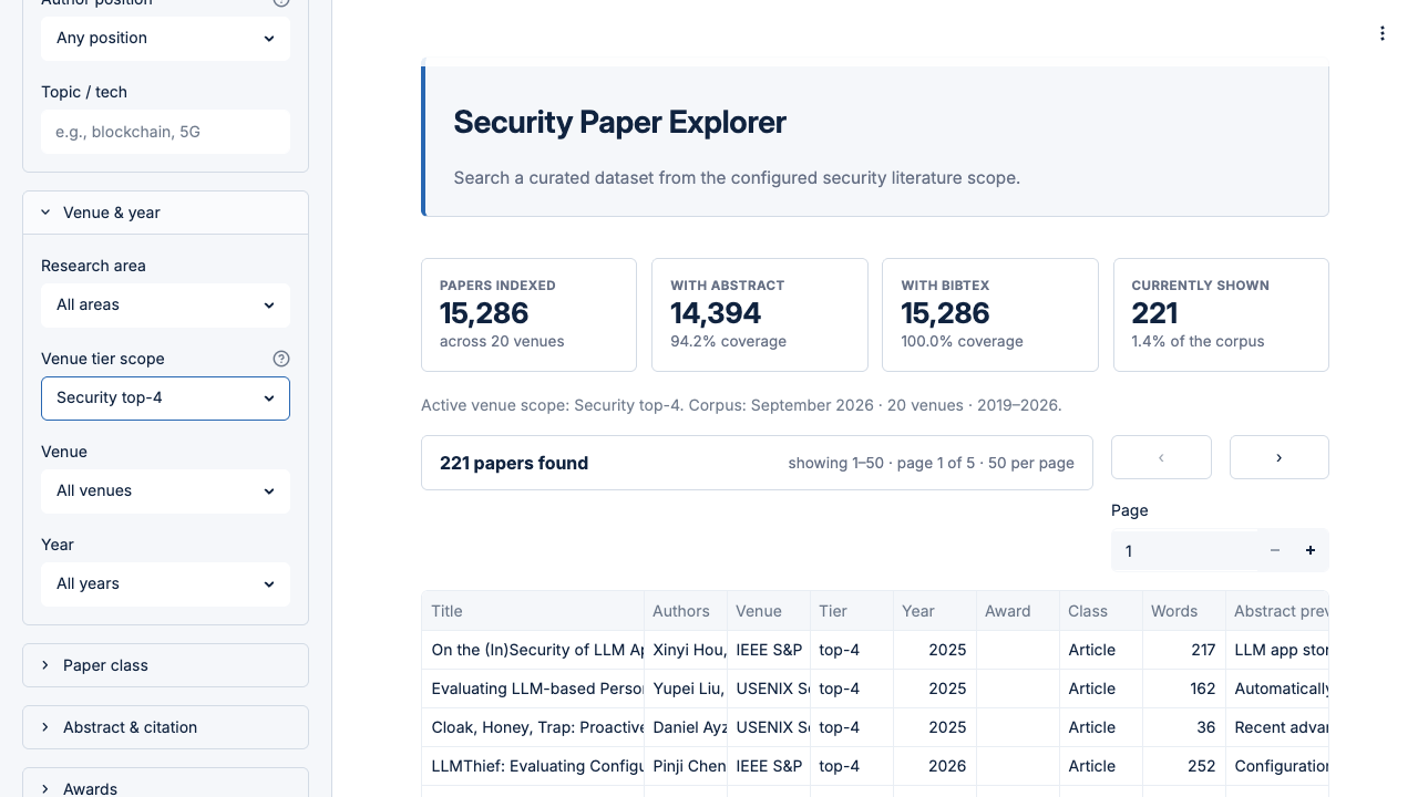 Search page with ranked results for LLM in the Security top-4 scope